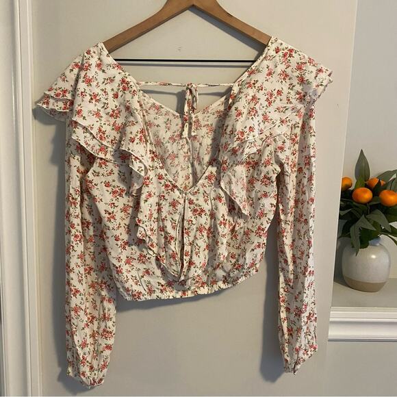 Boutique White Pink Floral Cropped Rayon Top Small - Picture 11 of 11